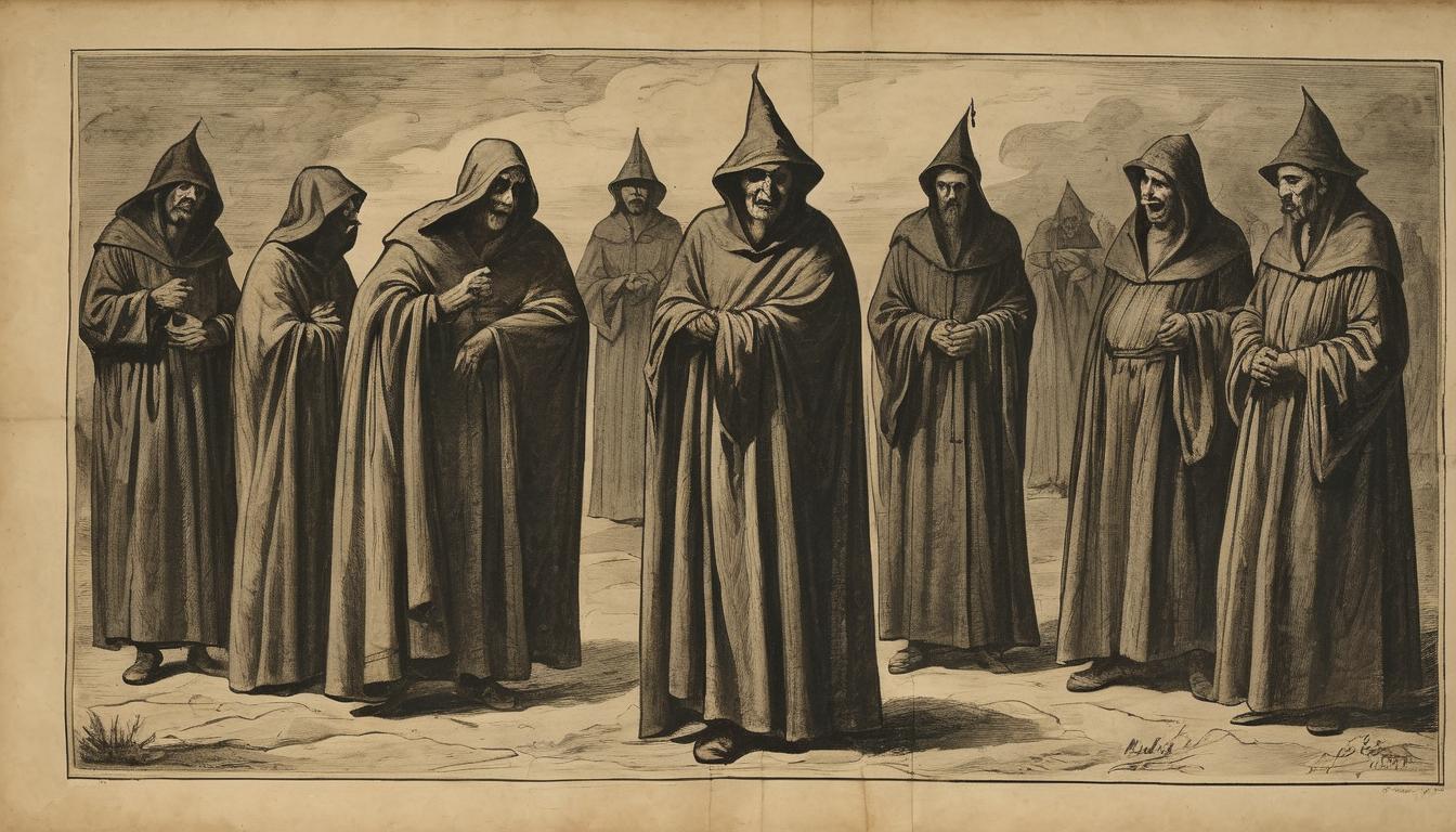  on parchment, surrealism++, menacing figures mockingly laughing, shadows cast across sneering faces, looming figures in ominous dark robes, hostile atmosphere, intimidation, contempt(mysterious, provocative, symbolic)++