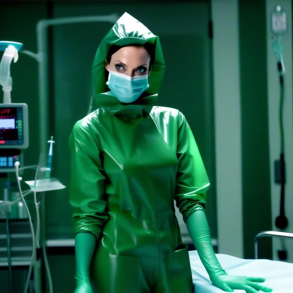  one standing, full length, front view, full face, angelina jolie's face against the background of the operating room, the operating room nurse is dressed in a knee length surgical gown, with long sleeves, with cuffs, and waistband, made of glossy latex of dark green color, on her head a surgeon's beret, made of glossy latex of dark green color, on her face a surgical mask, made of glossy latex of dark green color, on her legs trousers, made of glossy latex of dark green color, high surgical protective covers shoes pulled over the trousers, knee high, on a flat sole, without heels, for work in the operating room, made of glossy latex of dark green color, surgical gloves, made of glossy latex of dark green color