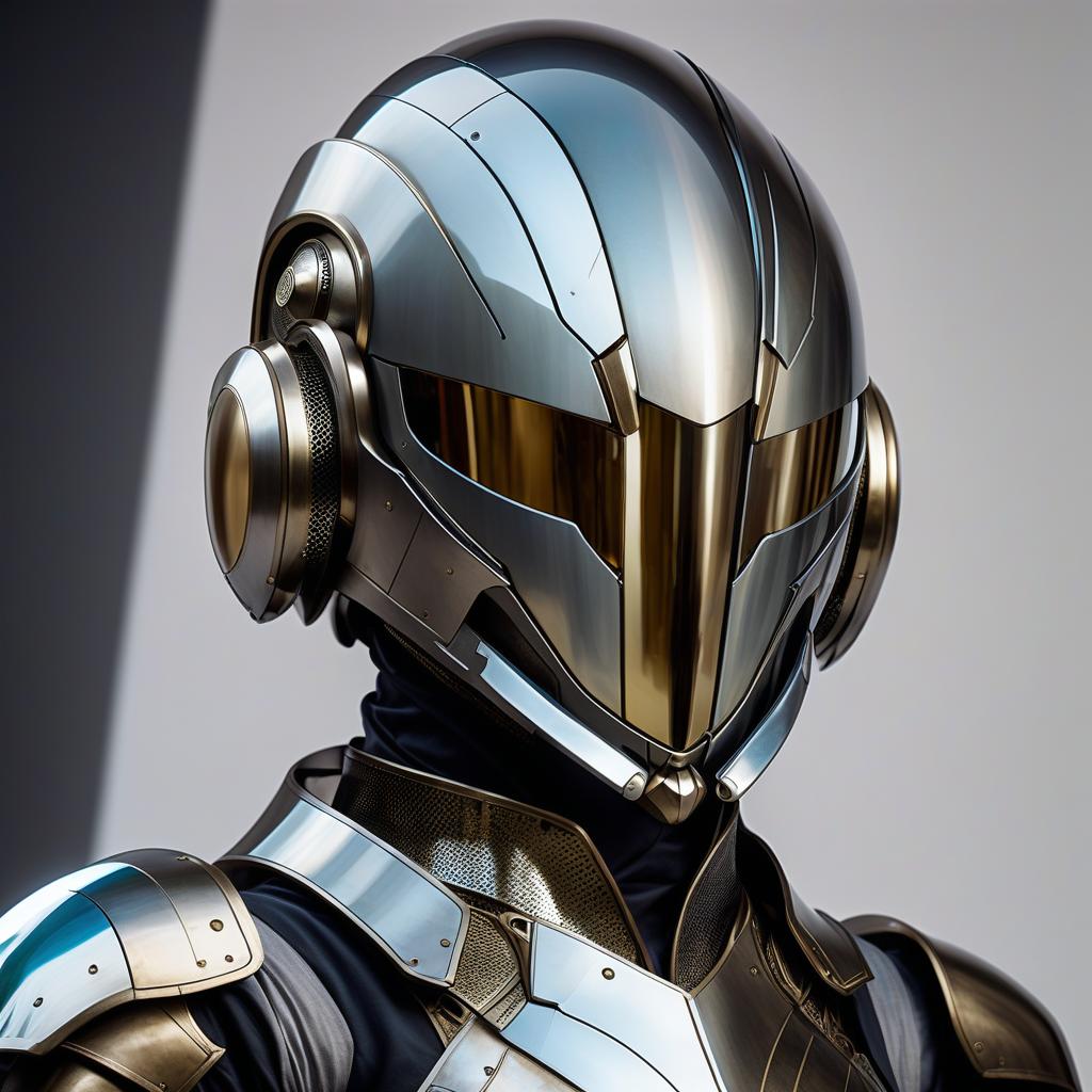  faceless androgynous droid. dressed in high tech but medieval style perfectly tailored mirrorscale armor and sleek high tech full face helmet with mirrored visor, all weak points of the armor covered mirrored scale mail