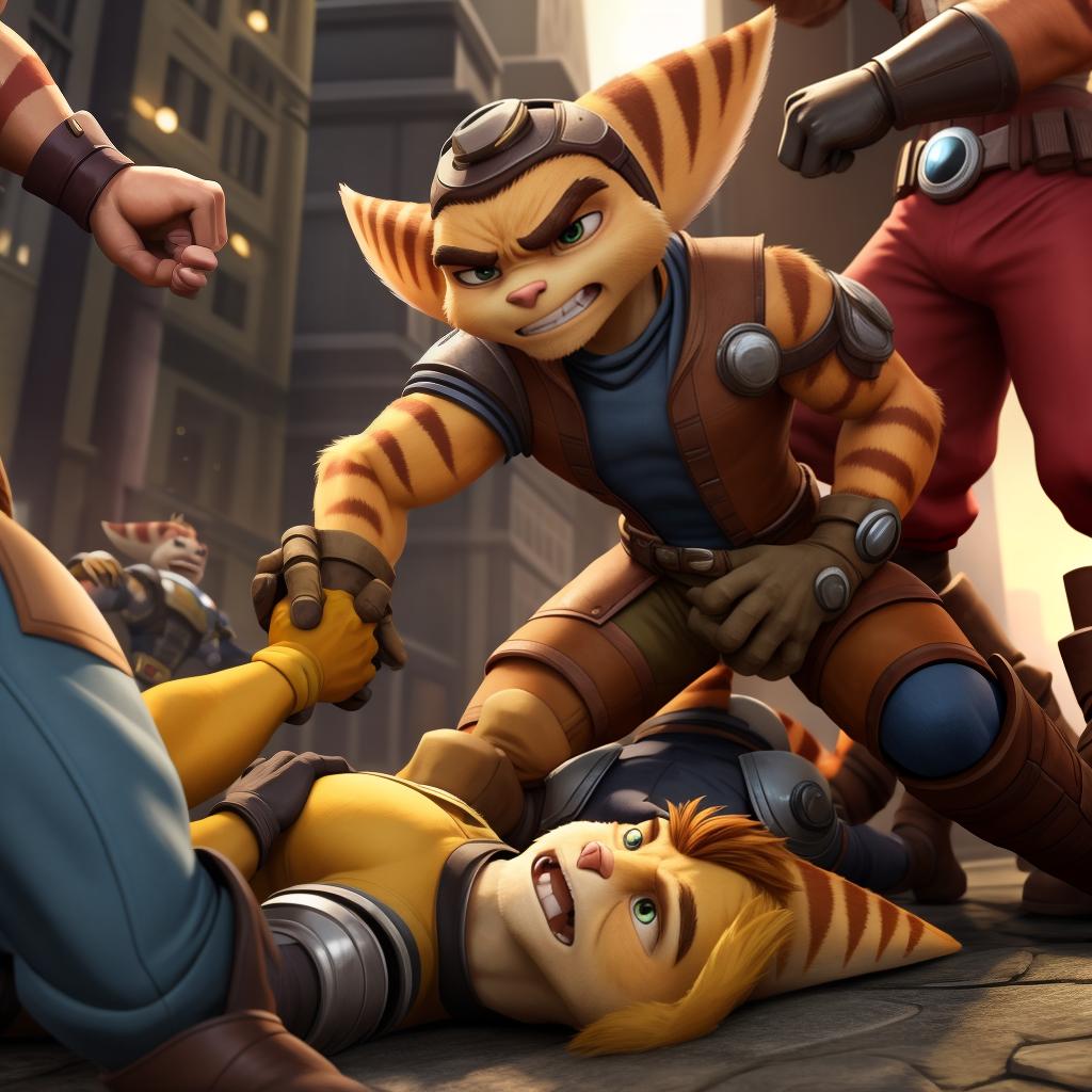  Male ratchet and clank (insomniac) full body, group, clothes, gloves and boots, attack, combat, angry, gay, fighting, hand to hand combat, punching, crotch grab, pinned, 4 on 1, grabbed, strangulation, ball squeeze, open eyes, digital art, masterpiece, 4k, fine details,