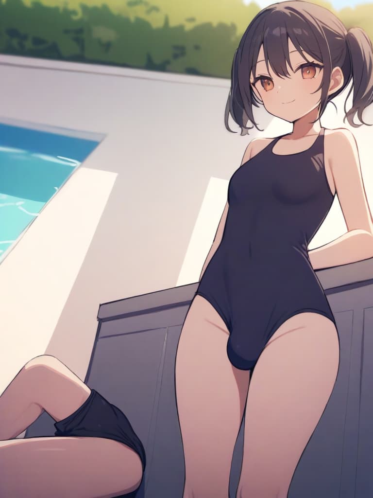  women's elementary students (male), twin tails, cute smiles, (rich s), low stature, dark blue swimwear, old swimwear, , simple, (upward), , (bulge), front, whole body, pool side. ,,,