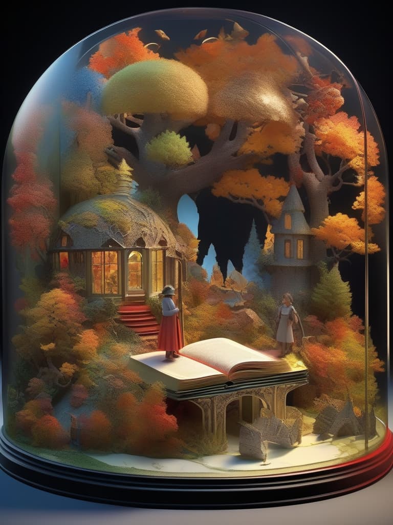  ((((world in domed glass:1.4))))((3d modeled paper)){3d paper modeling artwork that pushes the limits ((open book,forest with autumn leaves: gentle fairy tale world,3d modeled characters in a book)),neon colors} super detailed,high resolution,absurd,adopted,