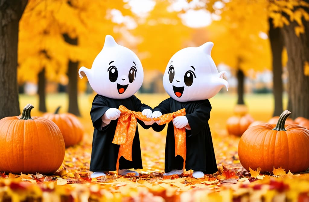  professional detailed photography, two cute ghost characters in costumes gather candy in a vibrant, autumn themed environment filled with pumpkins and fallen leaves ar 3:2, (muted colors, dim colors, soothing tones), (vsco:0.3)