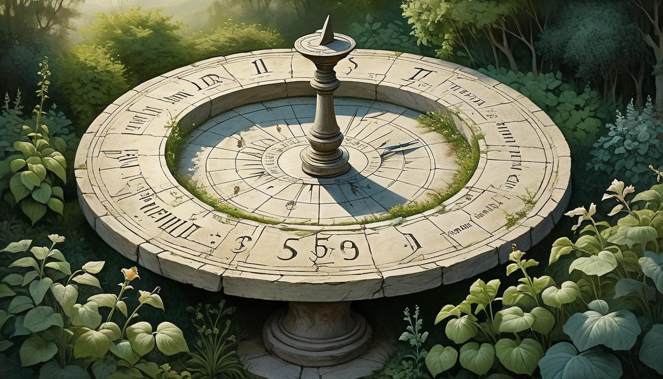  on parchment, surrealism+++, a weathered sundial in an overgrown garden, shadows slowly moving, sense of ancient wisdom and patience, serene and timeless(mysterious, provocative, symbolic,muted color)+++