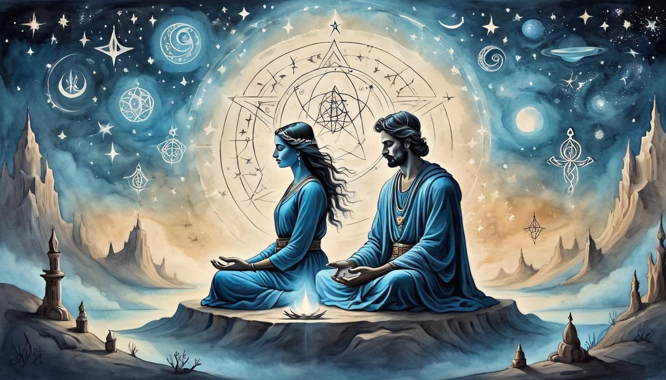  on parchment, surrealism+++, a figure meditating under starlit sky, serene aura, cosmic energy flowing, mystical symbols, sacred tranquility, connected(mysterious, provocative, symbolic,muted color)+++