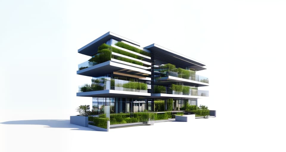 mdjrny-v4 style architecture, high quality, exterior perspective, 3 story rc building, large eaves on the ground floor as an entrance to welcome visitors, balcony with lush vegetation, modernist architecture, clear blue sky in the background, random facade, built facing a large, busy street