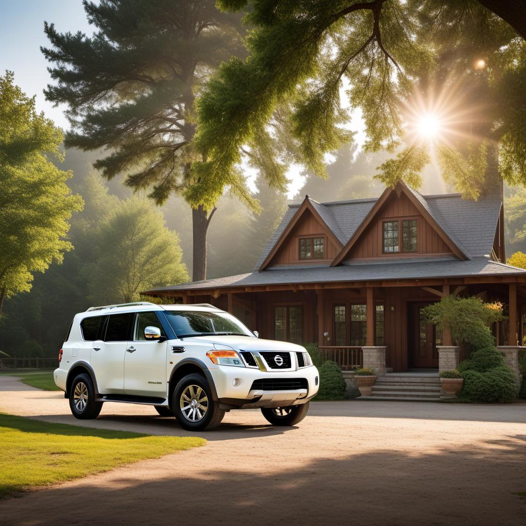  2006 Nissan Armada parked on a sunny day. The vehicle is in good condition, capturing the rugged and powerful design typical of that model year. The background includes a suburban setting with houses and trees. hyperrealistic, full body, detailed clothing, highly detailed, cinematic lighting, stunningly beautiful, intricate, sharp focus, f/1. 8, 85mm, (centered image composition), (professionally color graded), ((bright soft diffused light)), volumetric fog, trending on instagram, trending on tumblr, HDR 4K, 8K