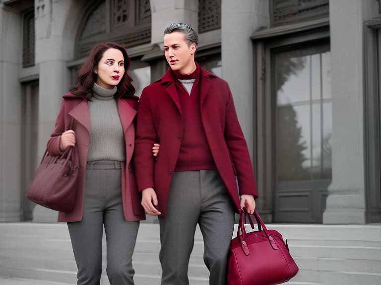  a woman in a cherry colored coat, in wide gray graphite pants holds a woman's bag of embossed burgundy color, faded , vintage , nostalgic , by jose villa , elizabeth messina , ryan brenizer , jonas peterson , jasmine star