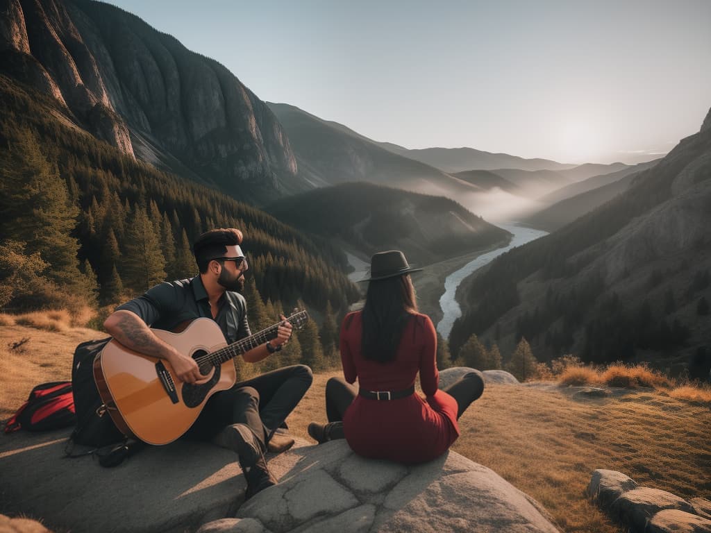  Guy playing guitar in a valley while sitting down and Woman dancing during sunset. hyperrealistic, full body, detailed clothing, highly detailed, cinematic lighting, stunningly beautiful, intricate, sharp focus, f/1. 8, 85mm, (centered image composition), (professionally color graded), ((bright soft diffused light)), volumetric fog, trending on instagram, trending on tumblr, HDR 4K, 8K