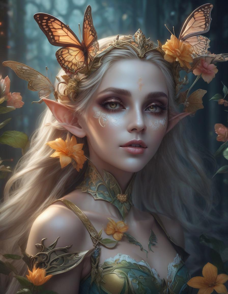  there is a woman with a butterfly mask and a flower in her hand, hyperdetailed fantasy character, portrait of an elf queen, beautiful and elegant elf queen, an elf queen, digital fantasy character, elf queen, fantasy concept art portrait, 3 d render character art 8 k, digital fantasy art ), complex fantasy character, fantasy portrait, fantasy woman, realistic fantasy render, (masterpiece:1.3), (best quality:1.3)