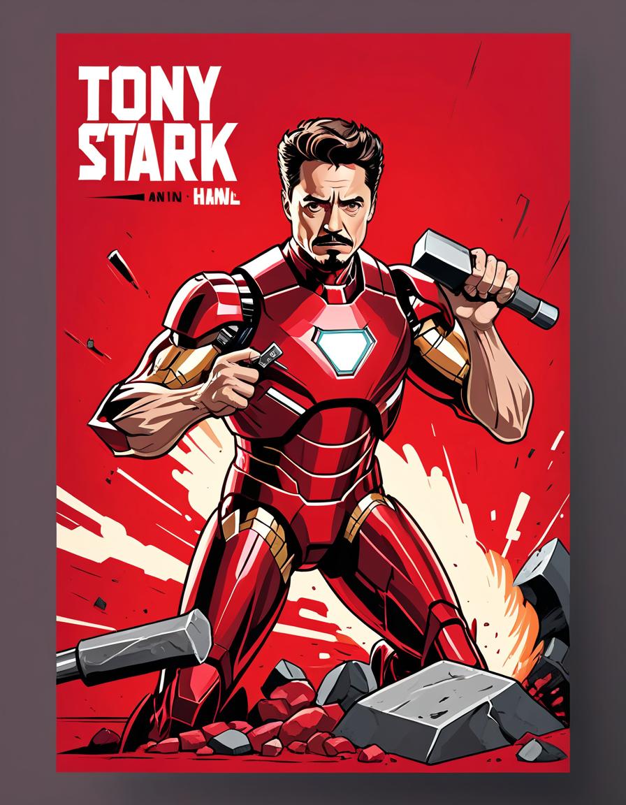  advertising poster style tony stark with a hammer, style soviet poster, red background, hammer in hand, hits an anvil . professional, modern, product focused, commercial, eye catching, highly detailed