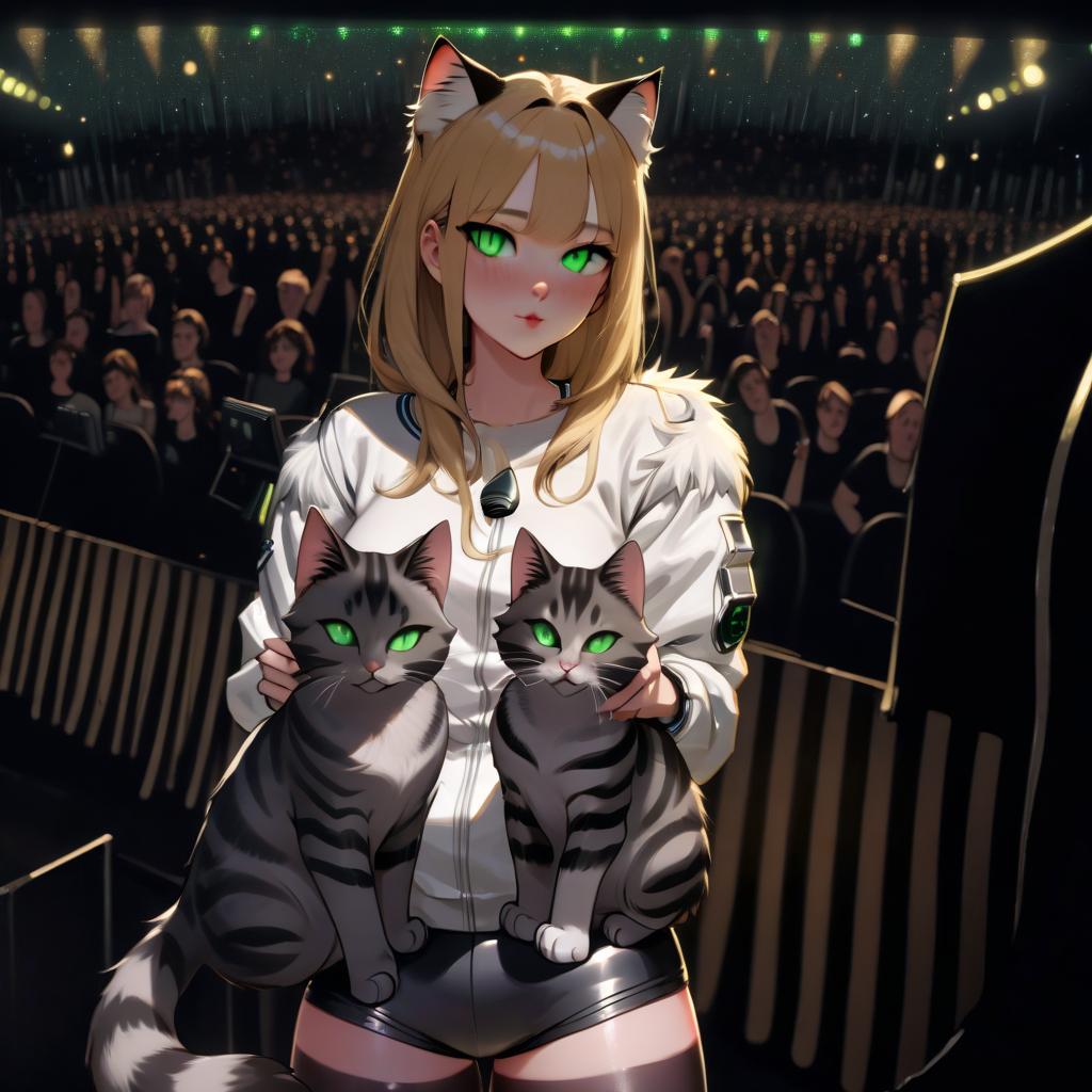  girl with dark green eyes, two furry striped cats, space, spotlights, view from the stage, microphone, music, royal grace