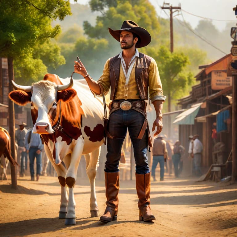  my picture in cow boy style hyperrealistic, full body, detailed clothing, highly detailed, cinematic lighting, stunningly beautiful, intricate, sharp focus, f/1. 8, 85mm, (centered image composition), (professionally color graded), ((bright soft diffused light)), volumetric fog, trending on instagram, trending on tumblr, HDR 4K, 8K