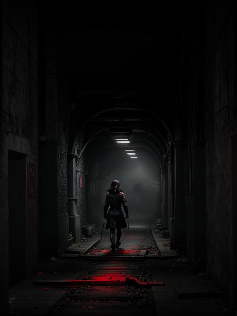  A dark tunnel with a black Figure., bloodstainai, horror, fear