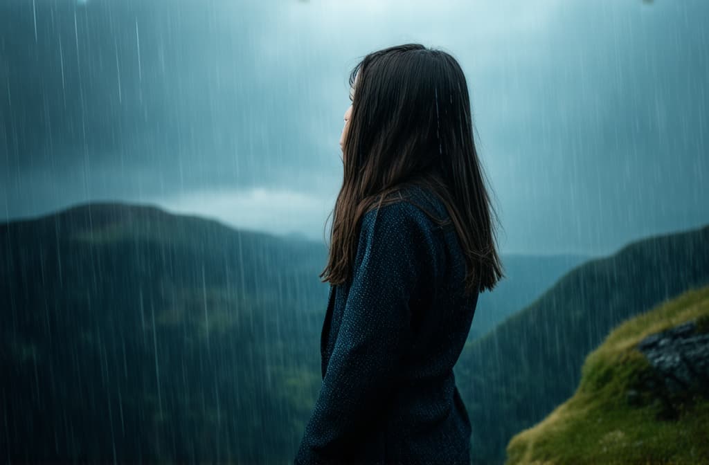  cinematic film style, the girl stands with her back all soaked on the edge of a cliff, she looks into the distance, it's raining ar 3:2, shallow depth of field, vignette, maximum details, high budget hollywood movie, bokeh, cinemascope, moody, epic, gorgeous, sun rays and shadows on furniture and surfaces, flattering light, raw photo, photography, photorealistic, 8k resolution, f1.4, sharpened focus, sharp focus