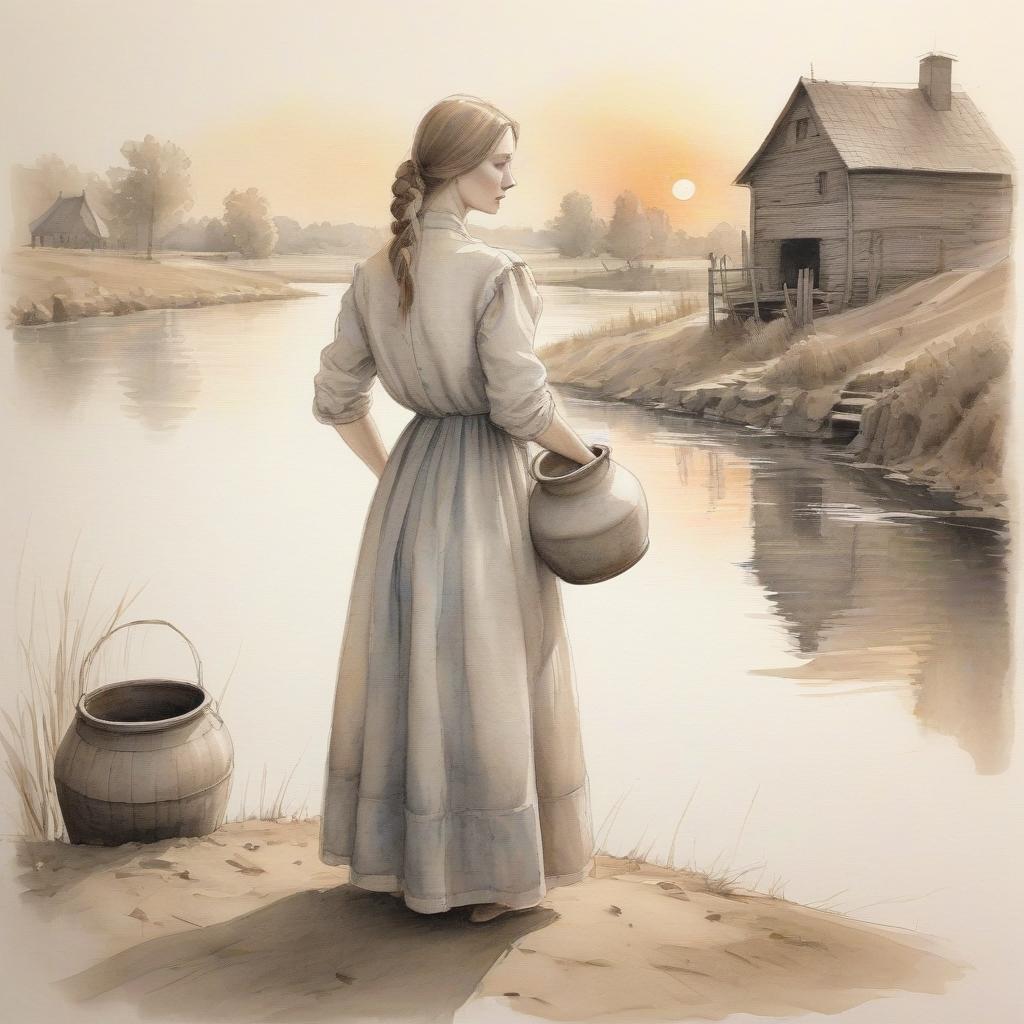  the sketch is unfinished. (a pencil sketch with thin lines: 1.3). a woman in a long russian dress carries a large clay jug on her shoulder against the backdrop of a water mill. evening. sunset. .contours. pencil strokes. (the effect of unfinishedness: 1.3). minimalism. harmony of simplicity. in the manner of pyotr sokolov's watercolor portraits.