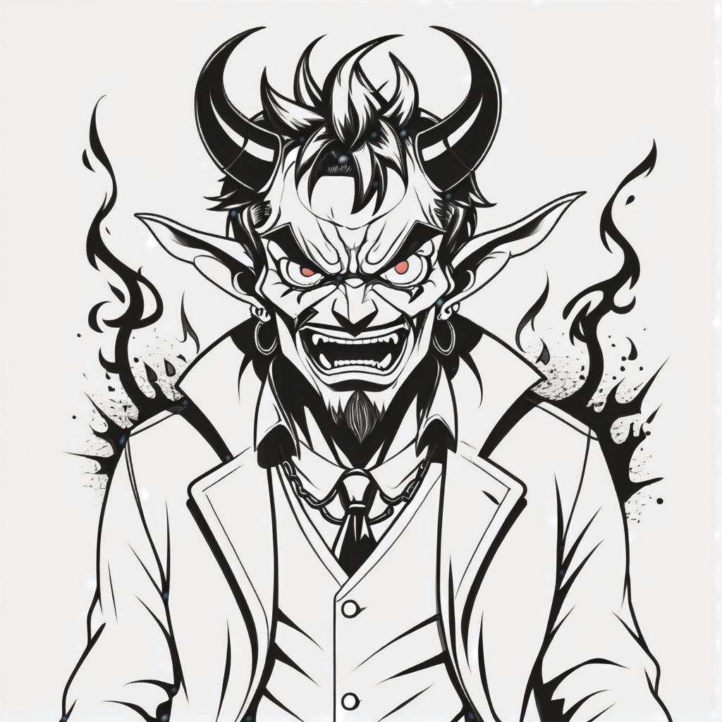  line art drawing hobo beat devil, same nightmare. anime style . professional, sleek, modern, minimalist, graphic, line art, vector graphics