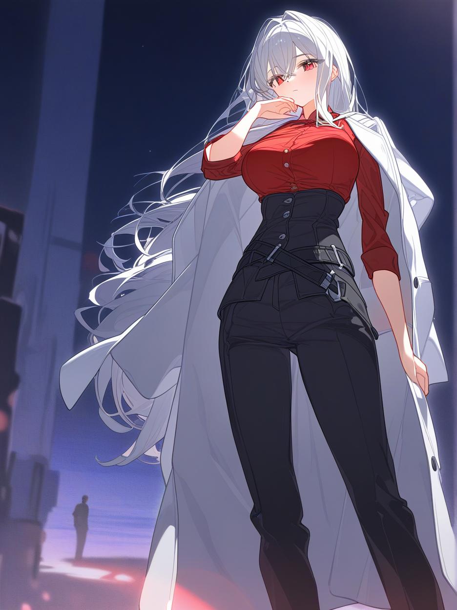  a strong woman, silver long hair, covering her face. she has deep, beautiful red eyes that are very prominent, white eyelashes that are very prominent in the eyes. she wears dark dress pants. a red shirt with buttons on the front seam, two thin belts under the bust. a light gray lab coat on the shoulders. a very strong and slender body, his strong abdomen shows in the red shirt. the background is a futuristic area where people practice combat in the background. she has a cup of coffee in her hands. well highlighted eyes with white eyelashes details, 8k. . best quality, high resolution