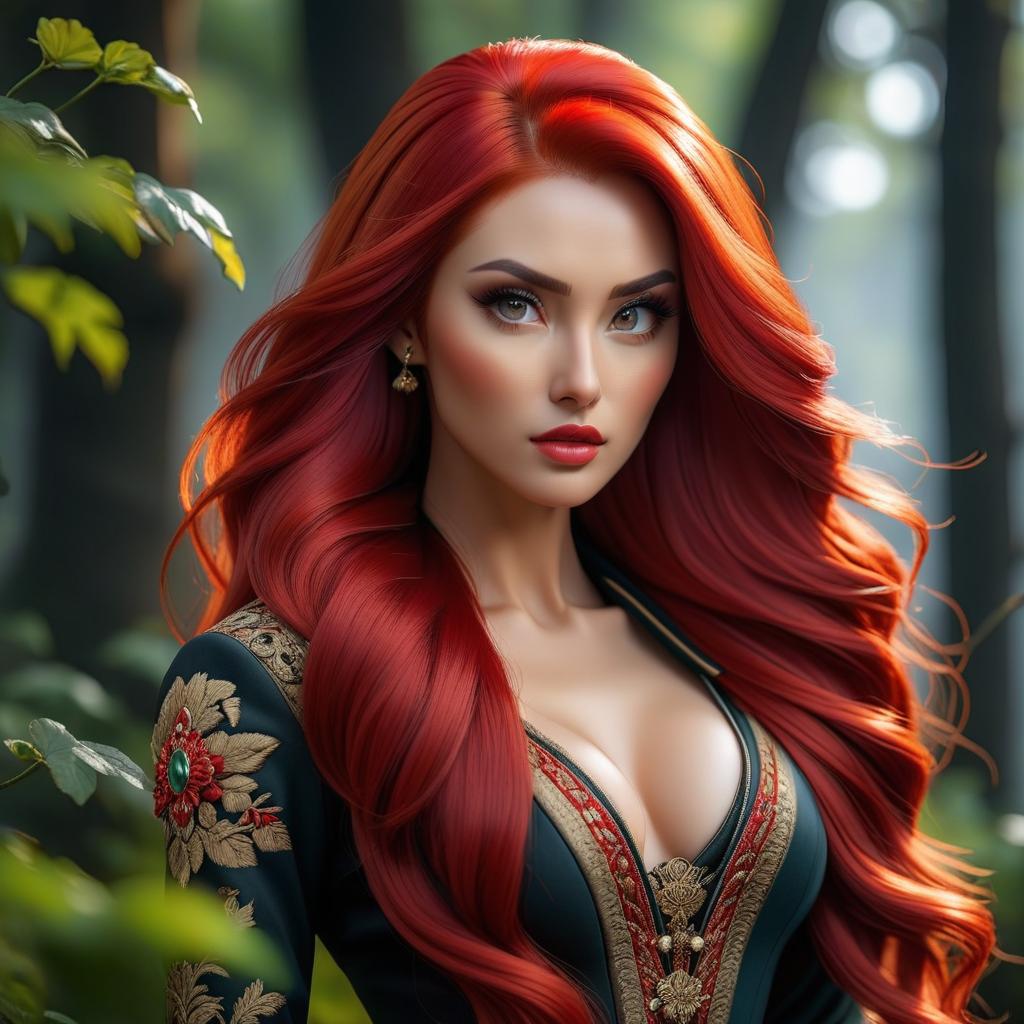  young with bright red long hair, european appearance with asian eyes, , full length hyperrealistic, full body, detailed clothing, highly detailed, cinematic lighting, stunningly beautiful, intricate, sharp focus, f/1. 8, 85mm, (centered image composition), (professionally color graded), ((bright soft diffused light)), volumetric fog, trending on instagram, trending on tumblr, HDR 4K, 8K