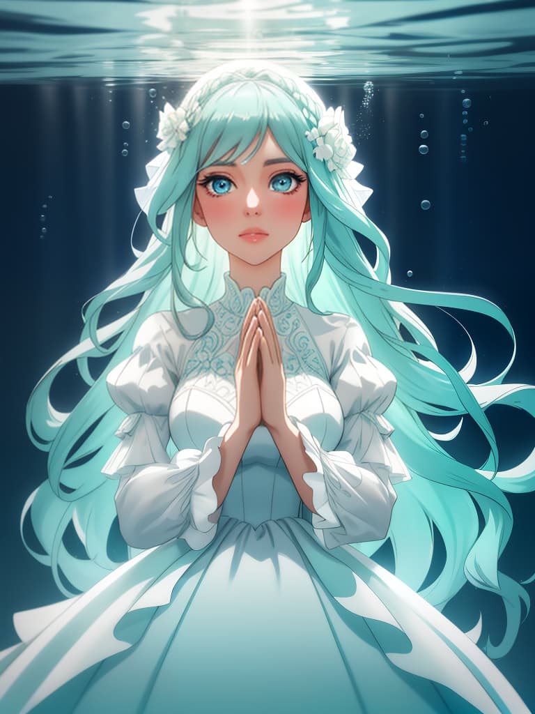  1 girl,underwater,sparkling blue eyes,pastel green long hair,interlocked fingers,looking up,beautiful,bubbles,praying,cowboy shot,white dress hyperrealistic, full body, detailed clothing, highly detailed, cinematic lighting, stunningly beautiful, intricate, sharp focus, f/1. 8, 85mm, (centered image composition), (professionally color graded), ((bright soft diffused light)), volumetric fog, trending on instagram, trending on tumblr, HDR 4K, 8K