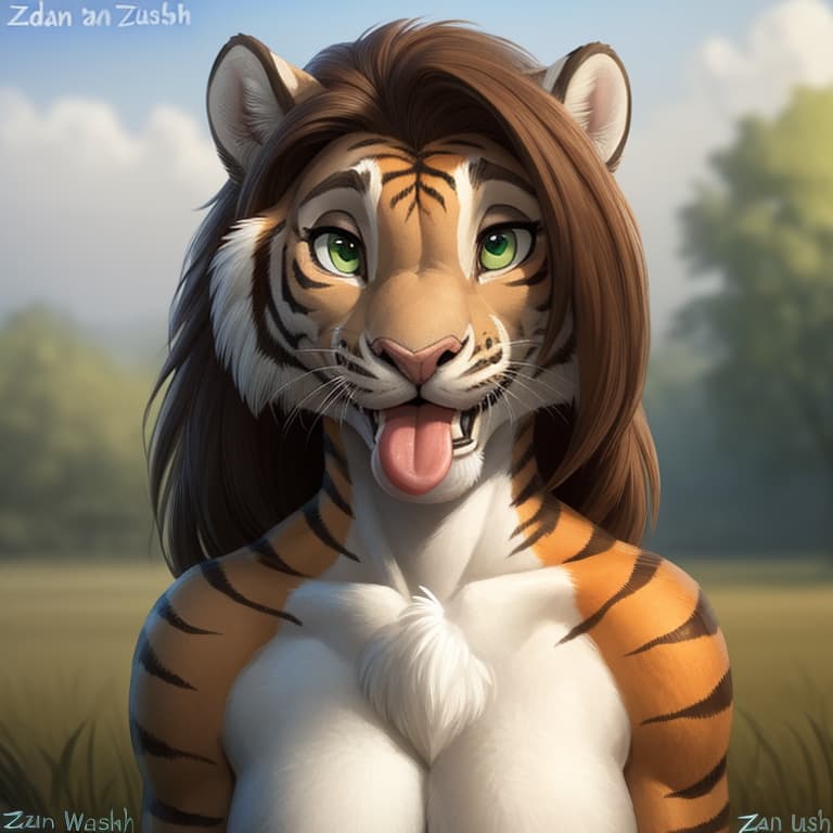  (by zaush:1.5), felid mammal pantherine tiger blep blush brown_hair chest_tuft clothing female front_view fur green_eyes hair long_hair looking_at_viewer multicolored_body multicolored_fur orange_body orange_fur outside smile solo striped_body striped_fur stripes tongue tongue_out tuft white_body white_fur, open eyes, masterpiece, 4k, fine details,