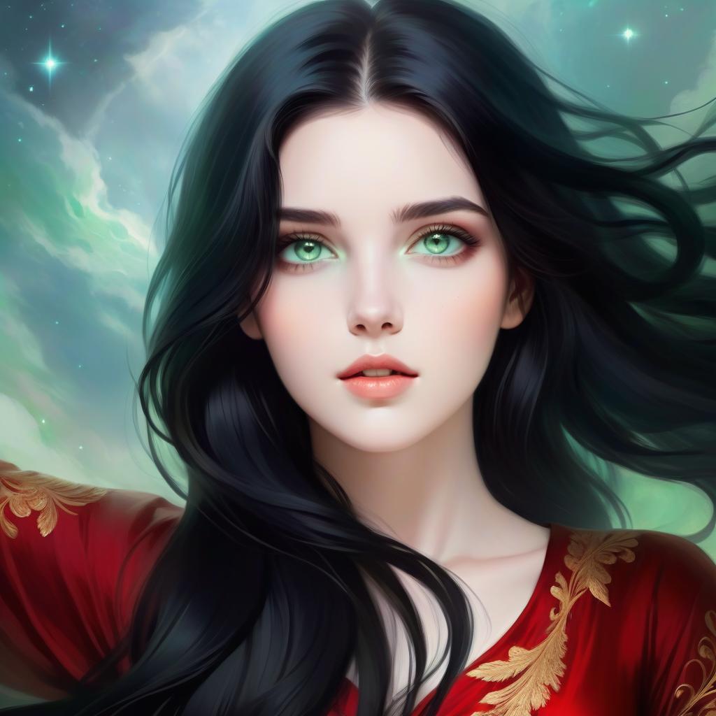  ethereal fantasy concept art of young woman. beautiful. long black hair. pale green eyes. fantasy . magnificent, celestial, ethereal, painterly, epic, majestic, magical, fantasy art, cover art, dreamy