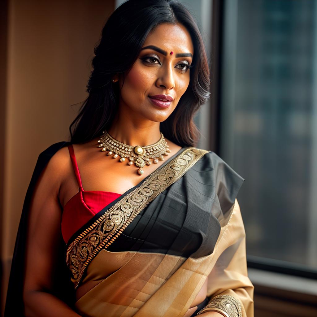  A Woman in saree Holding Clean Black sign board in hand hyperrealistic, full body, detailed clothing, highly detailed, cinematic lighting, stunningly beautiful, intricate, sharp focus, f/1. 8, 85mm, (centered image composition), (professionally color graded), ((bright soft diffused light)), volumetric fog, trending on instagram, trending on tumblr, HDR 4K, 8K