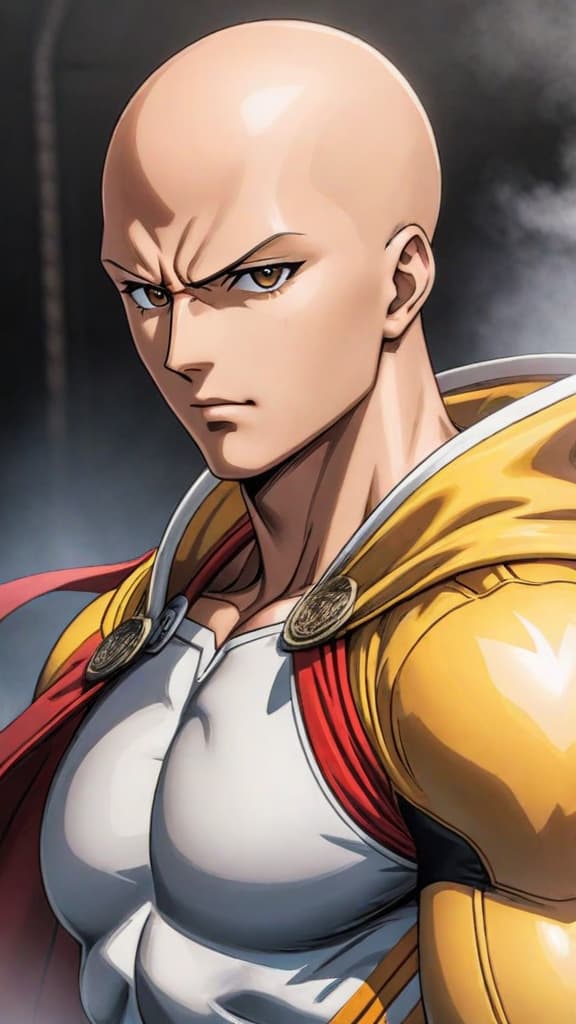  anime art: saitama's forgotten past hints at his mysterious nonchalant demeanor towards hero rank. hyperrealistic, full body, detailed clothing, highly detailed, cinematic lighting, stunningly beautiful, intricate, sharp focus, f/1. 8, 85mm, (centered image composition), (professionally color graded), ((bright soft diffused light)), volumetric fog, trending on instagram, trending on tumblr, HDR 4K, 8K