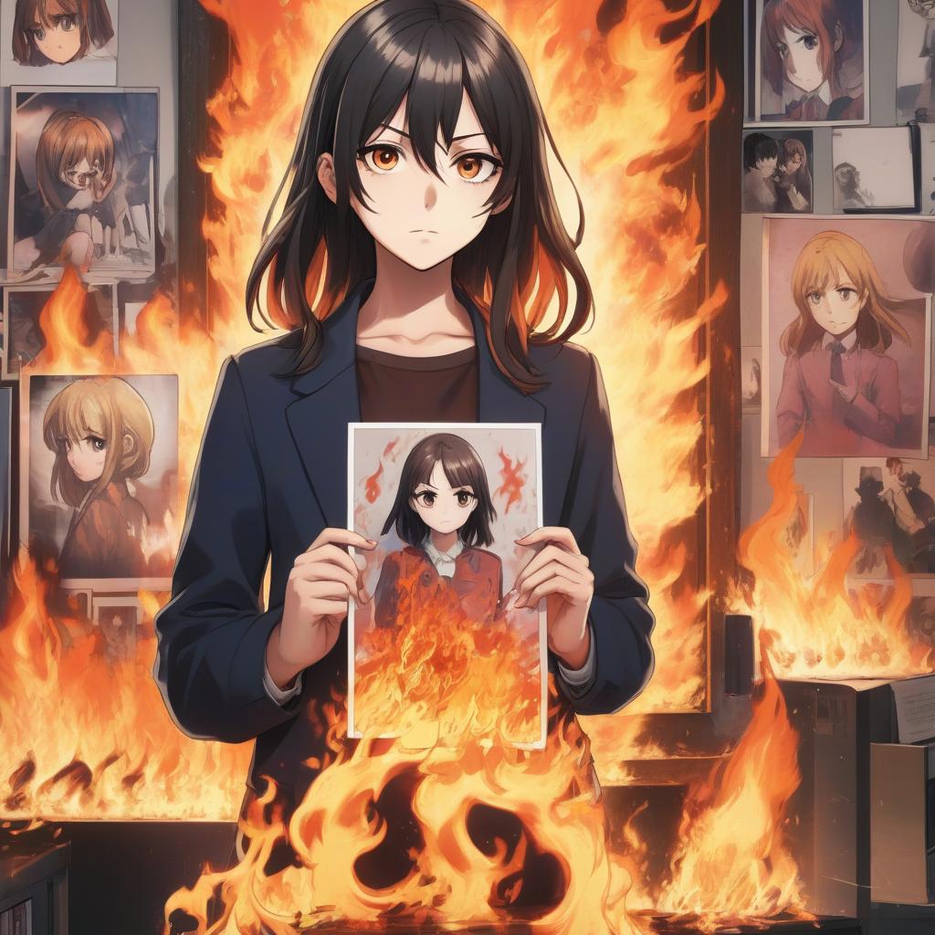  anime artwork a man stands and burns a photo of a girl, and behind him are surrounded by copies of this girl from the burning photo . anime style, key visual, vibrant, studio anime, highly detailed