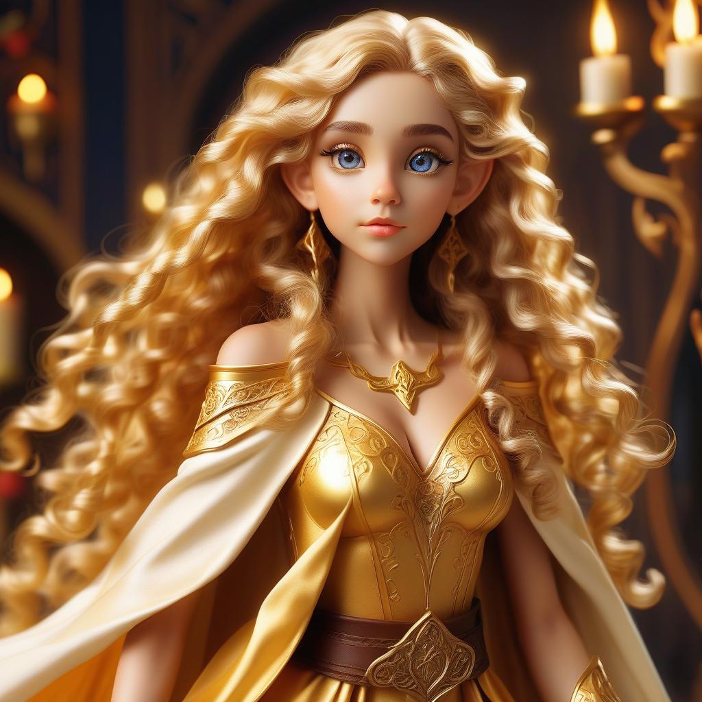  breathtaking the girl elf is a very bright personality, funny, long curly hair of golden color, beautiful body type, large chest, not fat, fantasy world ancient robes, bedroom, very strong love . award winning, professional, highly detailed