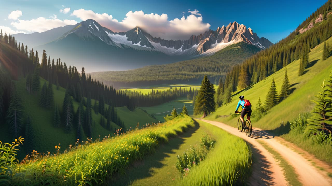  a vibrant mountain landscape with diverse terrains, showcasing cyclists navigating rugged trails, lush forests, and rocky paths. include stunning peaks in the background, a clear blue sky, and dynamic movement to capture the thrill of mountain biking. hyperrealistic, full body, detailed clothing, highly detailed, cinematic lighting, stunningly beautiful, intricate, sharp focus, f/1. 8, 85mm, (centered image composition), (professionally color graded), ((bright soft diffused light)), volumetric fog, trending on instagram, trending on tumblr, HDR 4K, 8K