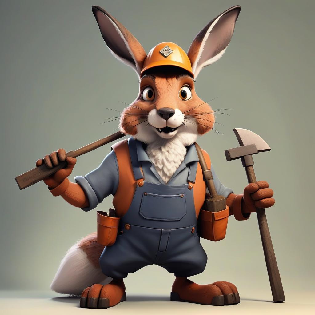  a cross between a hare and a fox, dressed as a miner, one person