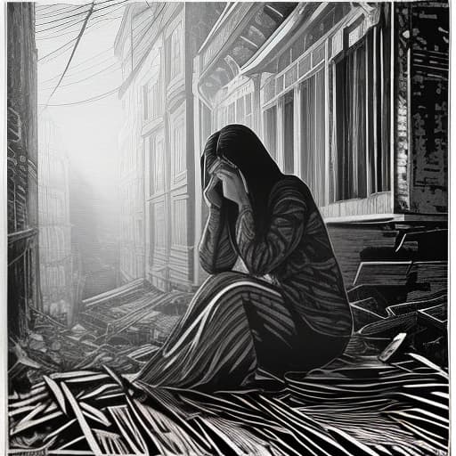  (grayscale, woodcut:1.2), (etching:1.1), (engraving:0.2), Distant, black and white image. A girl is sitting in a corner holding her head and feeling scared. In a ruined building. I see a bright light nearby, but I don't look at it., detailed hyperrealistic, full body, detailed clothing, highly detailed, cinematic lighting, stunningly beautiful, intricate, sharp focus, f/1. 8, 85mm, (centered image composition), (professionally color graded), ((bright soft diffused light)), volumetric fog, trending on instagram, trending on tumblr, HDR 4K, 8K