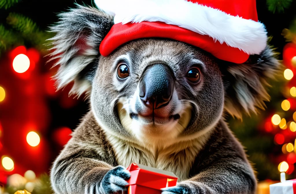  professional detailed photography, koala bear in santa claus hat with christmas gift ar 3:2, (muted colors, dim colors, soothing tones), (vsco:0.3)