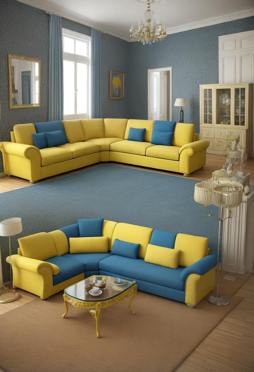  l type corner sofa having blue and yellow combination in a drawing room,and an beautiful aquariem present beind that sofa in that drwing room, and a sqare shape tea tabel on the brown carpet infront of that sofa also there