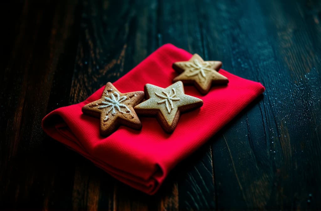  food gourmet photography style, christmas gingerbread cookies in the shape of stars on a red napkin on a dark wooden table ar 3:2, appetizing, professional, culinary, high resolution, commercial, highly detailed ,soft natural lighting, macro details, vibrant colors, fresh ingredients, glistening textures, bokeh background, styled plating, wooden tabletop, garnished, tantalizing, editorial quality