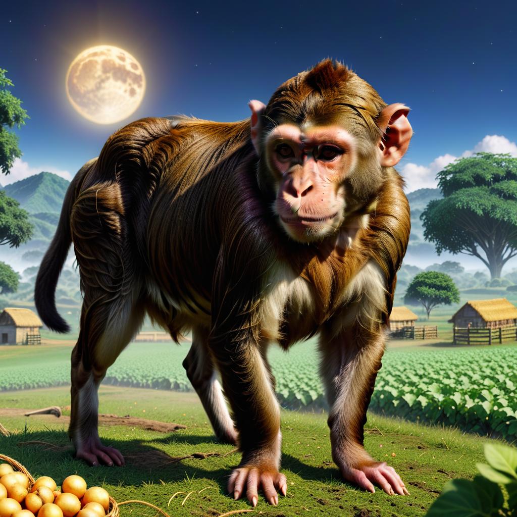  high resolution image of monkey magic, doing farming in harvestmoon, milking cows, feeding chickens, farm, 4k