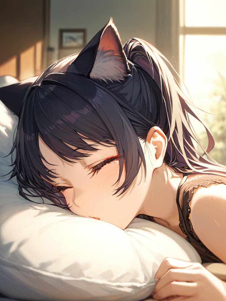  cat ears black hair ponytail girls are going to sleep, masterpiece, best quality,8k,ultra detailed,high resolution,an extremely delicate and beautiful,hyper detail