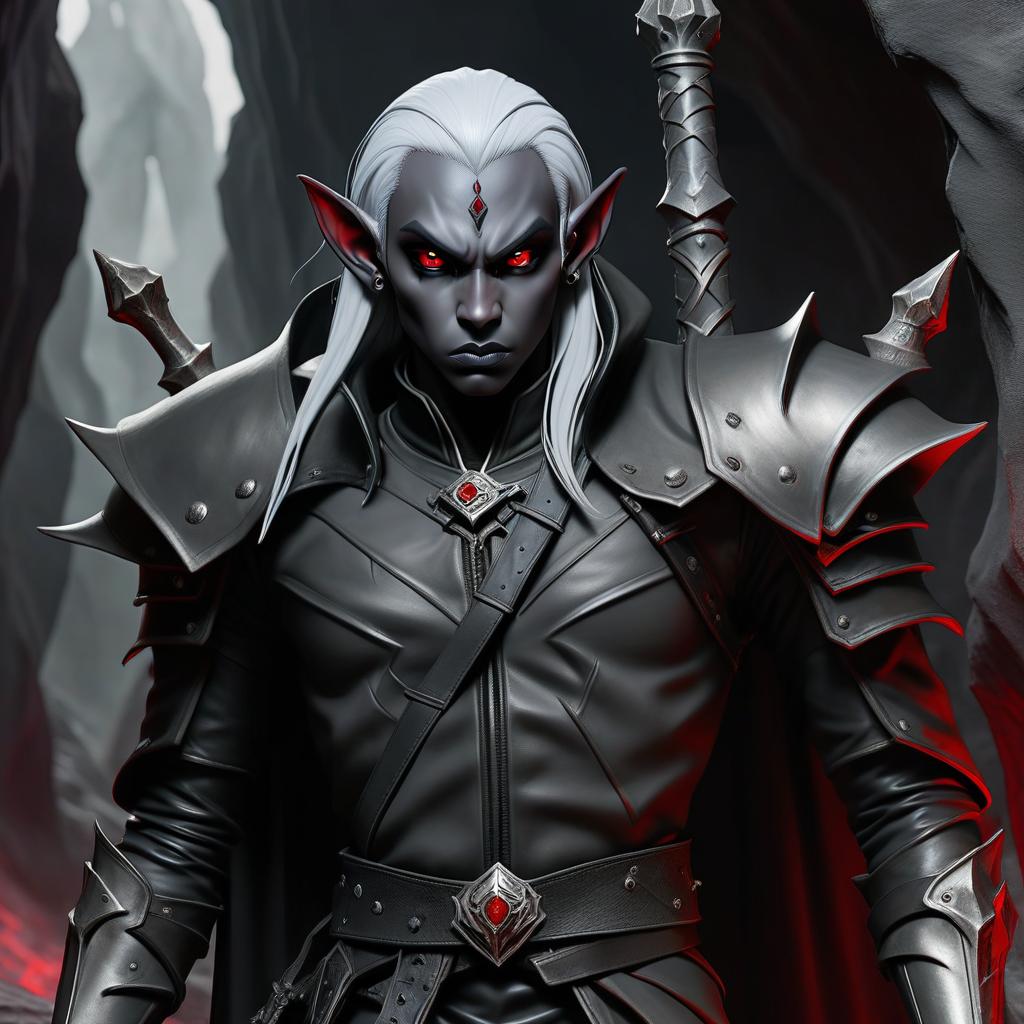  macabre style drow male elf cleric, dark grey graphite color skin, red eyes, silver medium haircut, black leather jacket, iron battle mace, impudent arrogant rude expression, traveler shoulder bag, half body view, dark cave temple . dark, gothic, grim, haunting, highly detailed