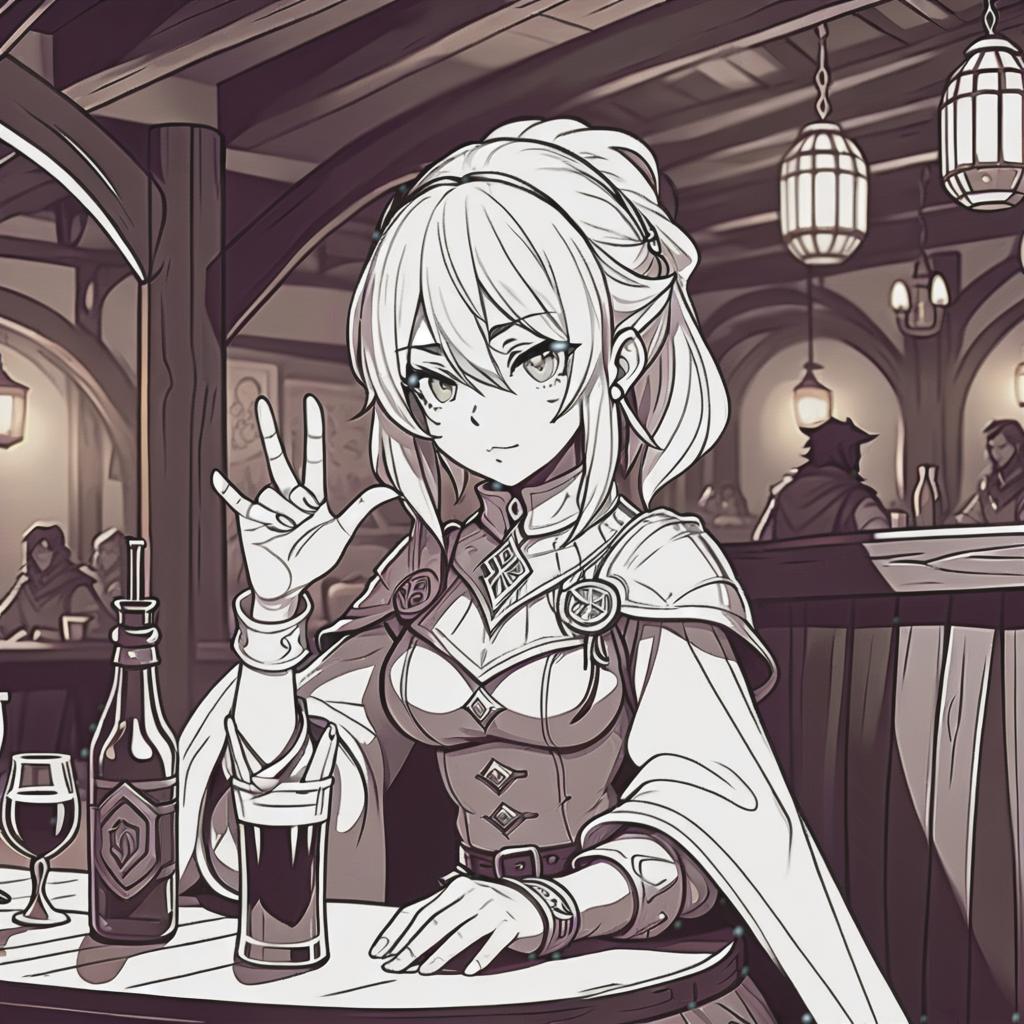  line art drawing stranger mage girl in tavern, dnd, same nightmare. anime style . professional, sleek, modern, minimalist, graphic, line art, vector graphics