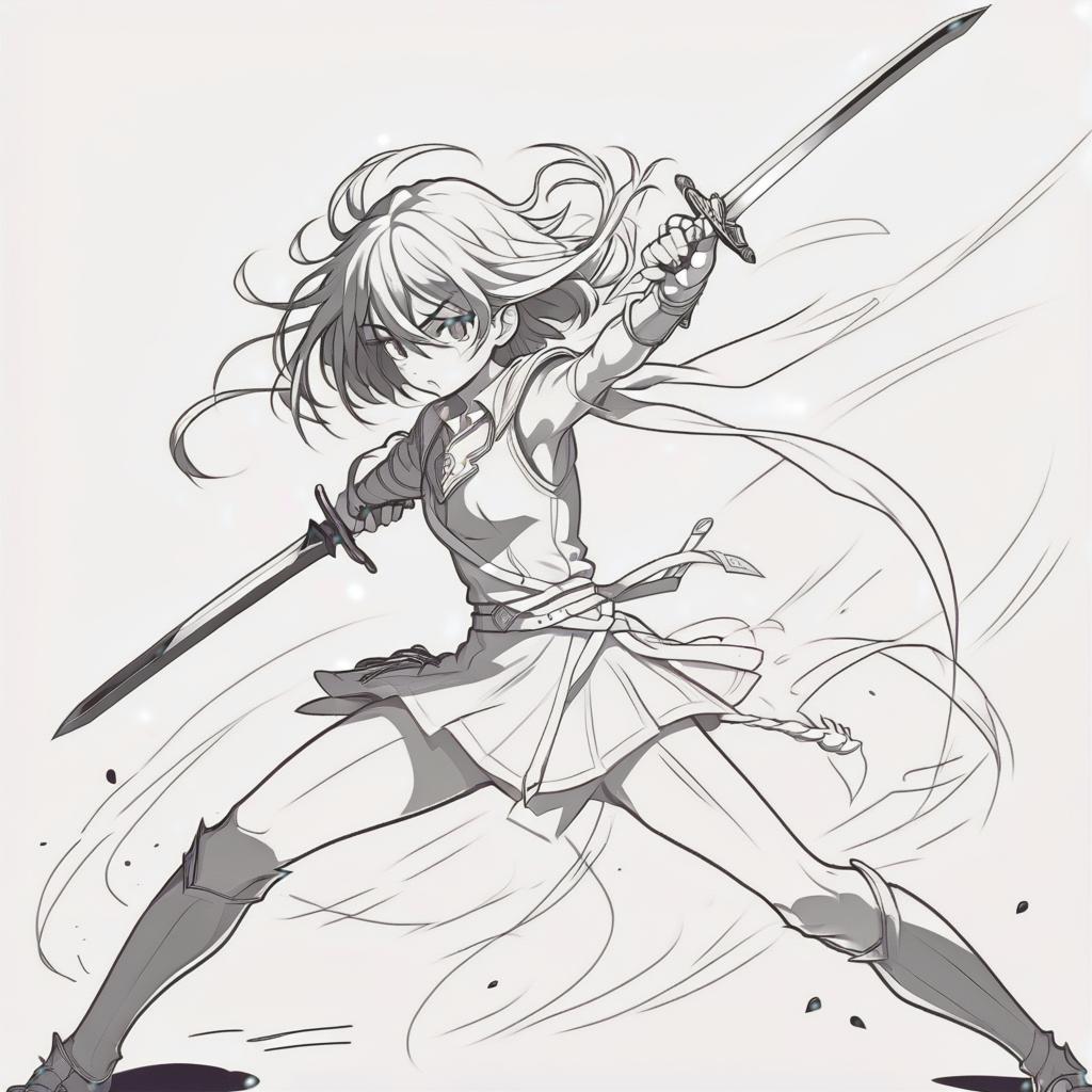  line art drawing sword girl fighting against enemy, same nightmare. anime style . professional, sleek, modern, minimalist, graphic, line art, vector graphics