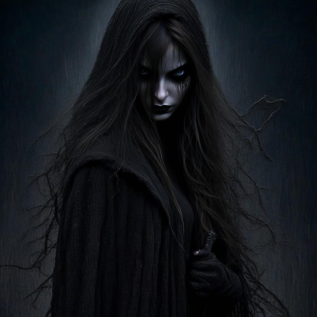  macabre style a woman thief with an elongated face, with long hair behind her back, with a wick gun in her hand, in full growth. . dark, gothic, grim, haunting, highly detailed, perfecteyes, perfect hands