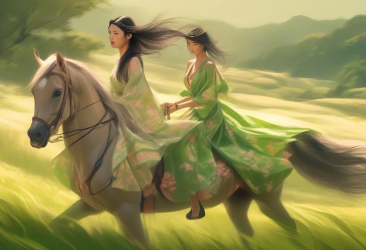  concept art girl rides horse in lush dress across field, asian woman . digital artwork, illustrative, painterly, matte painting, highly detailed