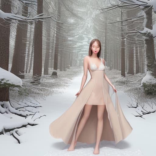  a lady wear the winter dress and must nude her chest she stand in the snow forest