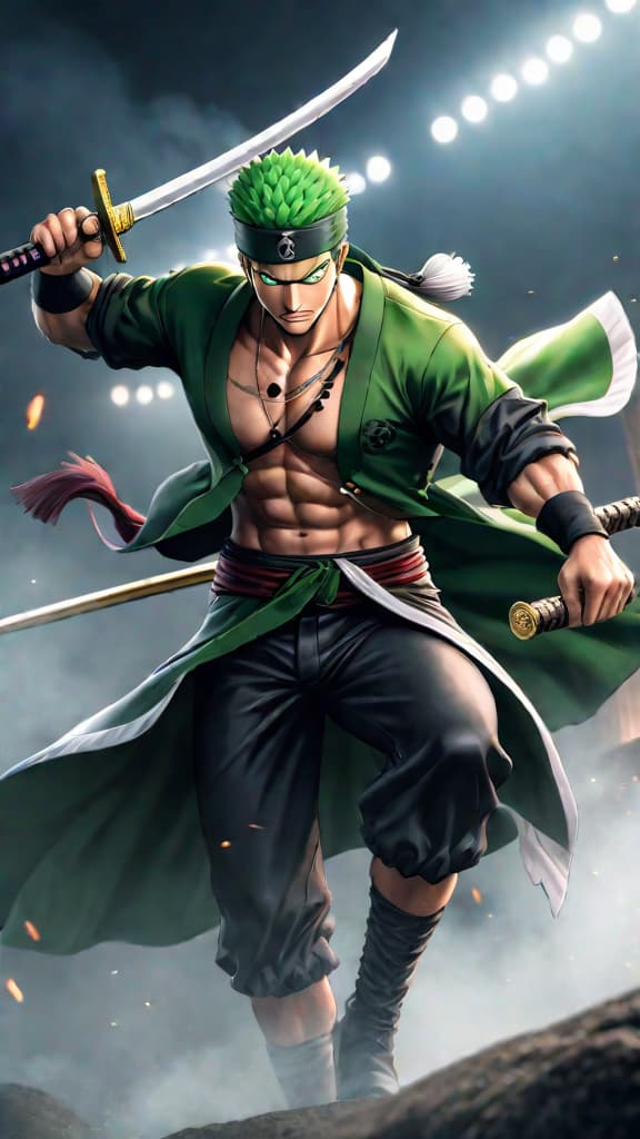  anime art: zoro battles sandai kitetsu's sinister curse, his willpower tested by its malevolent grip. hyperrealistic, full body, detailed clothing, highly detailed, cinematic lighting, stunningly beautiful, intricate, sharp focus, f/1. 8, 85mm, (centered image composition), (professionally color graded), ((bright soft diffused light)), volumetric fog, trending on instagram, trending on tumblr, HDR 4K, 8K