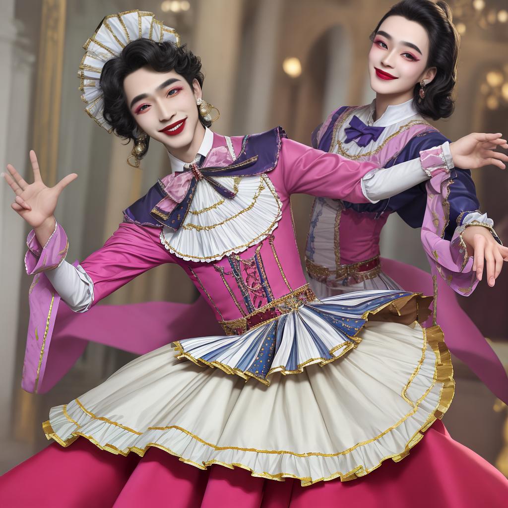  masterpiece, best quality, cross-dressing,male,dancing ,wide eyes,lipstick, face, smile,hair over shoulder, hair