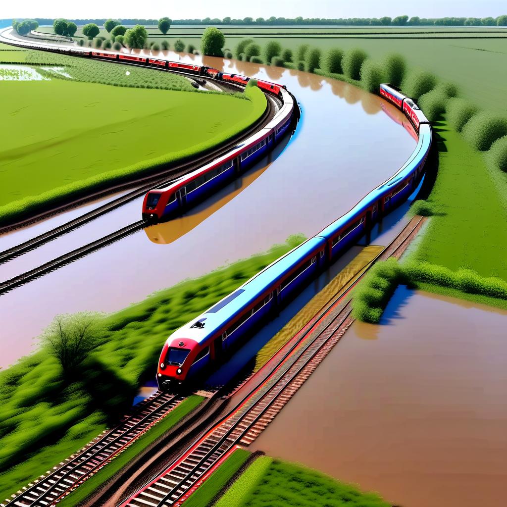  the train goes on flooded tracks in a field filled with water,