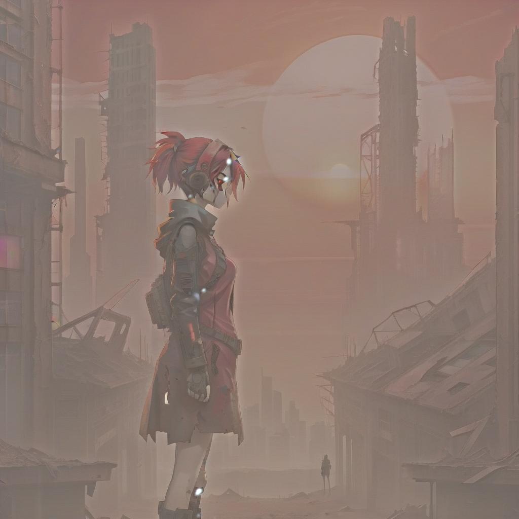  anime artwork image of post apocalyptic landscape, woman standing, in a clothes, the red sunset on the backround with a cyberpunk ruined buildings, in a red desert, cyberpunk art, anime style . anime style, key visual, vibrant, studio anime, highly detailed