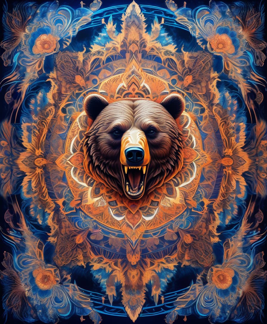  abstract expressionist painting masterpiece, hdr 8k, digital image. conceptual art. (a bear with a bared mouth full of sharp fangs, appearing in ancient russian ethnic ornaments that make up a symmetrical mandala consisting of an endless forest, a wide flowing river and majestic mountains, the mandala is decorated with a fantastic ice pattern). abstract elements: stones, tree leaves, flowers. the effect of dissolving the natural shades of fur in sky waves. filigree finishes, mysterious neon glowing accents, intricate. stylization. neo rococo style. stylish, dynamic, atmospheric. background dissolving abstract patterns in the space:: vignetting:: complex ethnic ornament. mystery, fantasy surrealism. high detail. high quality. hdr. . energe