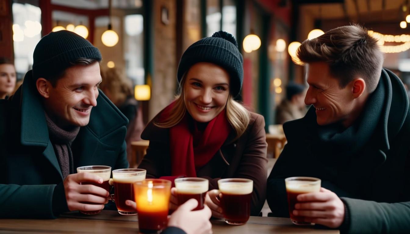  cinematic photo photographic image, autumn, friends: three 3 men aged 40 and 3 three women in a cozy cafe, they are cold, drinking hot mulled wine from glass cups, and talking, image detailing . 35mm photograph, film, bokeh, professional, 4k, highly detailed, perfect hands